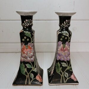 Vintage Floral Chinoiserie Macau Candlestick Holders | Set of 2